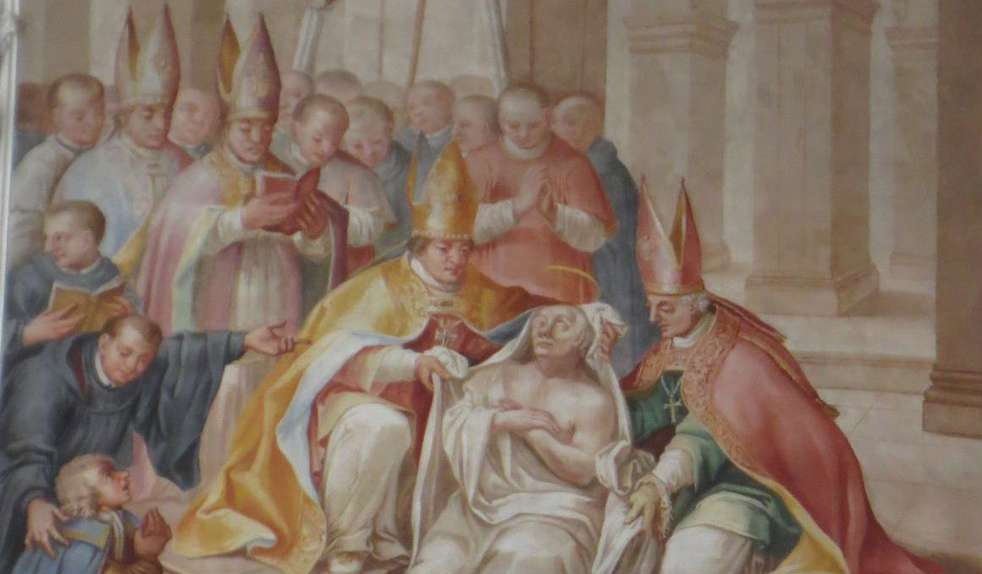 Franz Georg Hermann: Der Abt von St. Mang (rechts) und der Augsburger Bischof Lanto erheben Magnus' Gebeine,, um 1720/21, Fresko in der Basilika St. Mang in Füssen