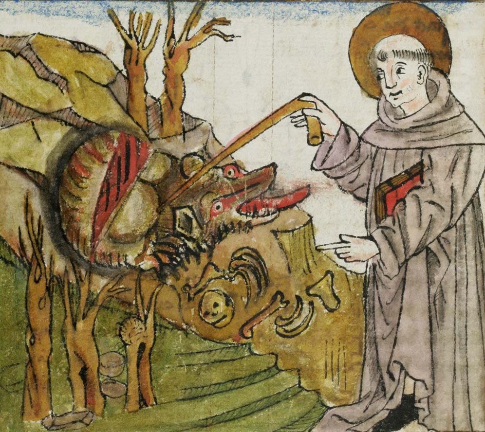 Cuonrad Sailer (?): Buchmalerei aus 'St. Galler Hausheilige': Beschwörung des Drachen mit dem Gallus-Stab bei Kempten, um 1455, in der Bibliothek des Klosters in St. Gallen