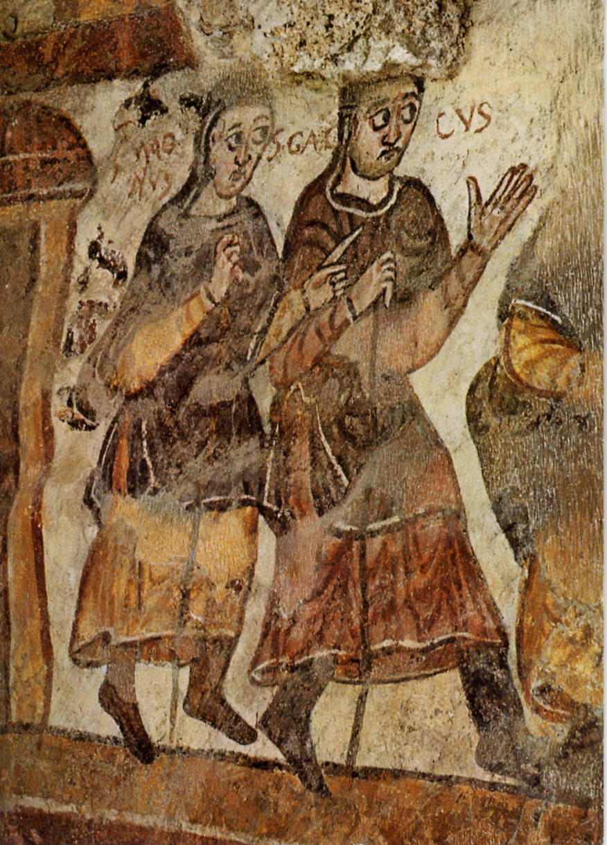 Fresko: Magnus (links) mit Gallus, um 980, in der Magnuskrypta der Stadtpfarrkirche St. Mang in Füssen