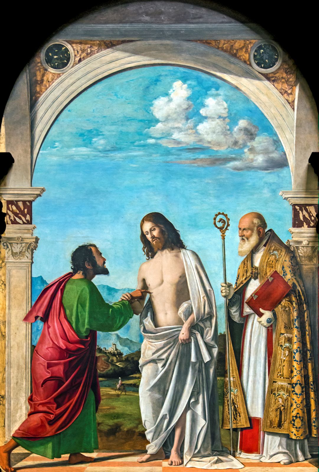 Cima da Conegliano: Magnus mit dem auferstandenen Christus und dem „ungläubigen” Thomas, um 1505, in der Gallerie dell'Accademia in Venedig