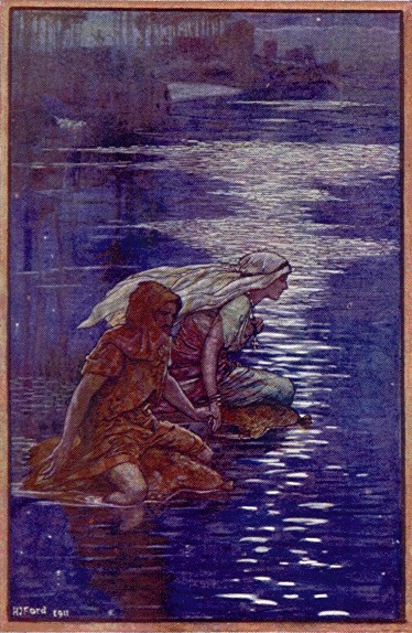 Aus: Mrs. Lang: Book of Saints and Heroes, 1912: Malchos und die Frau durchqueren auf der Flucht einen Fluss