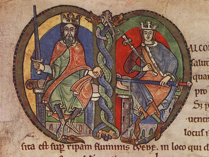 Buchmalerei: David I. (links) und Malcom, in der von Malcom ausgestellten Gründungsurkunde für die Abtei in Kelso