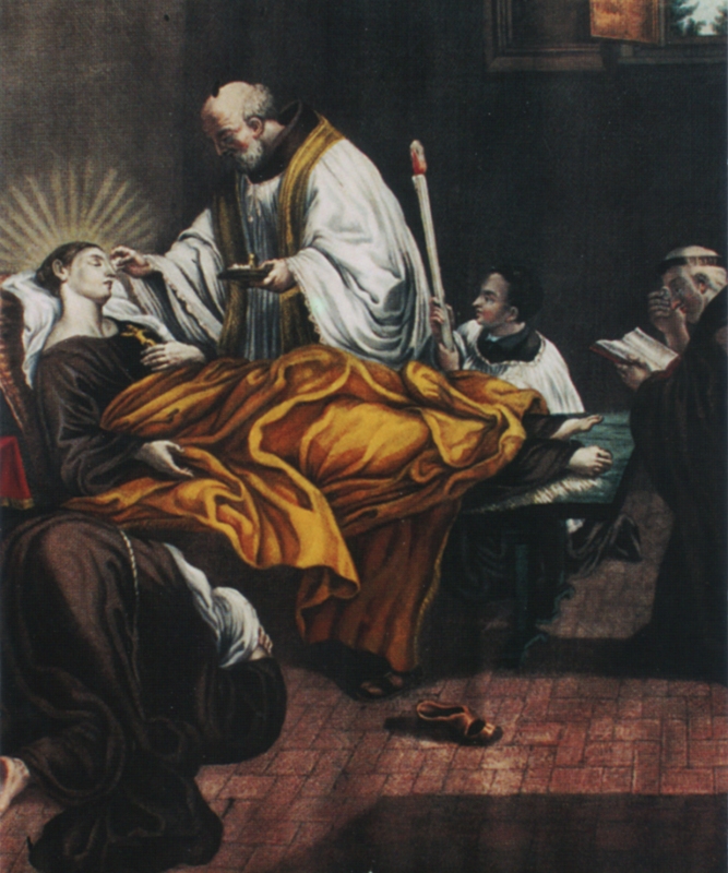 Margareta stirbt und erhält die Sterbesakramente von ihrem Beichtvater, Fra Giunta Bevagnati, Gemälde im Santuario bei Cortona