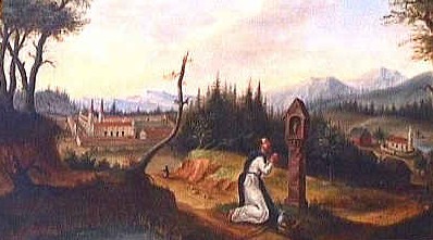 Marhold betend vor einem Votivstock, im Hintergrund das Kloster Indersdorf
