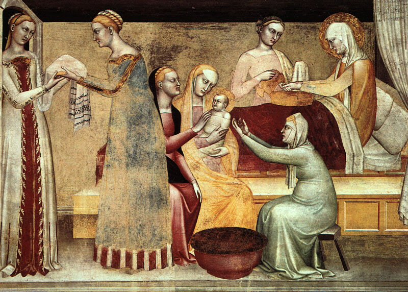 Giovanni da Milano: Geburt der Maria, Fresko, 1365, in der Rinuccini-Kapelle in der Kirche Santa Croce in Florenz