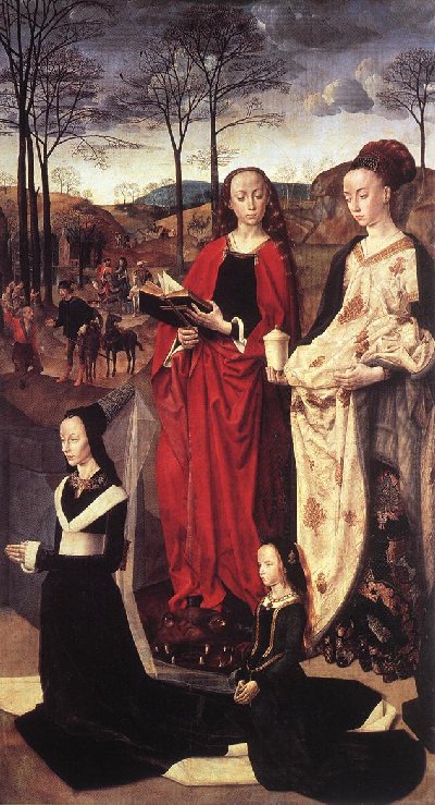 Hugo van der Goes: Maria (rechts mit dem Salbgefäß) und Martha sowie Maria Portinari, die Frau des Auftraggebers Tommasso Portinari; Teil des Portinari-Triptychons, 1476 - 79, in der Galleria degli Uffizi in Florenz
