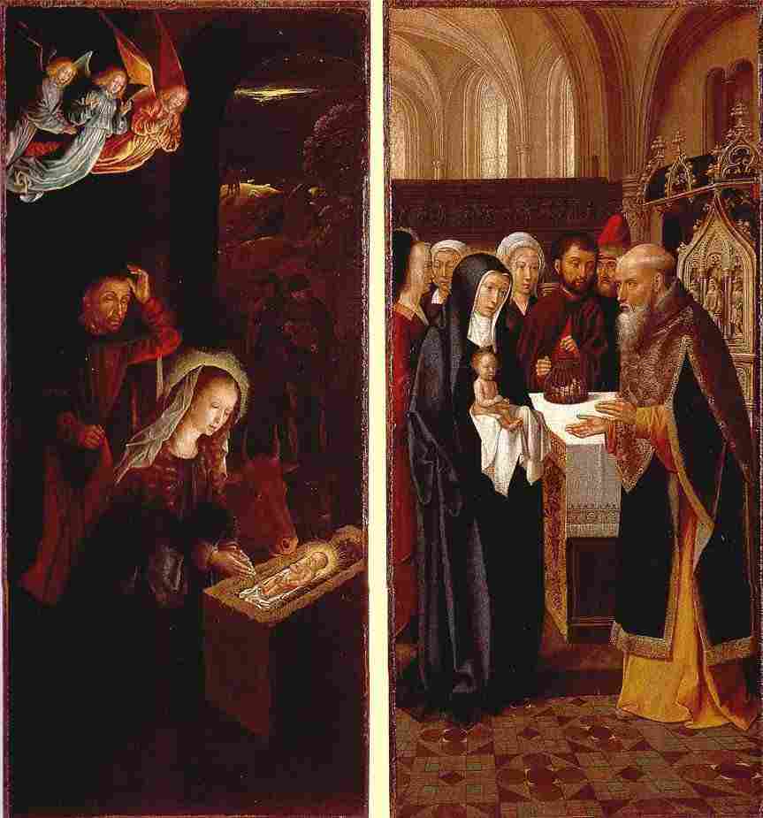 Werkstatt von Gérard David (1460 - 1523): Geburt Christi und Präsentation im Tempel - aus dem Triptychon: Die Anbetung der Weisen, in der Alten Pinakothek in München