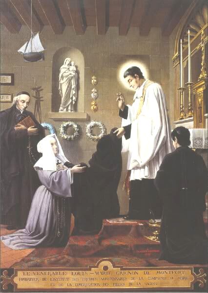 Ludwig Maria Grignion de Montfort vor Maria Luisa bei der Gründung der „Töchter der Weisheit”, Bild in der Kirche in Saint-Laurent-sur-Sèvre