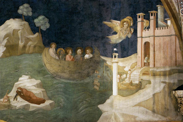 Giotto di Bondone: Die Reise nach Marseille, um 1320, Fresko in der Magdalena-Kapelle in der Unterkirche der Basilika di San Francesco in Assisi