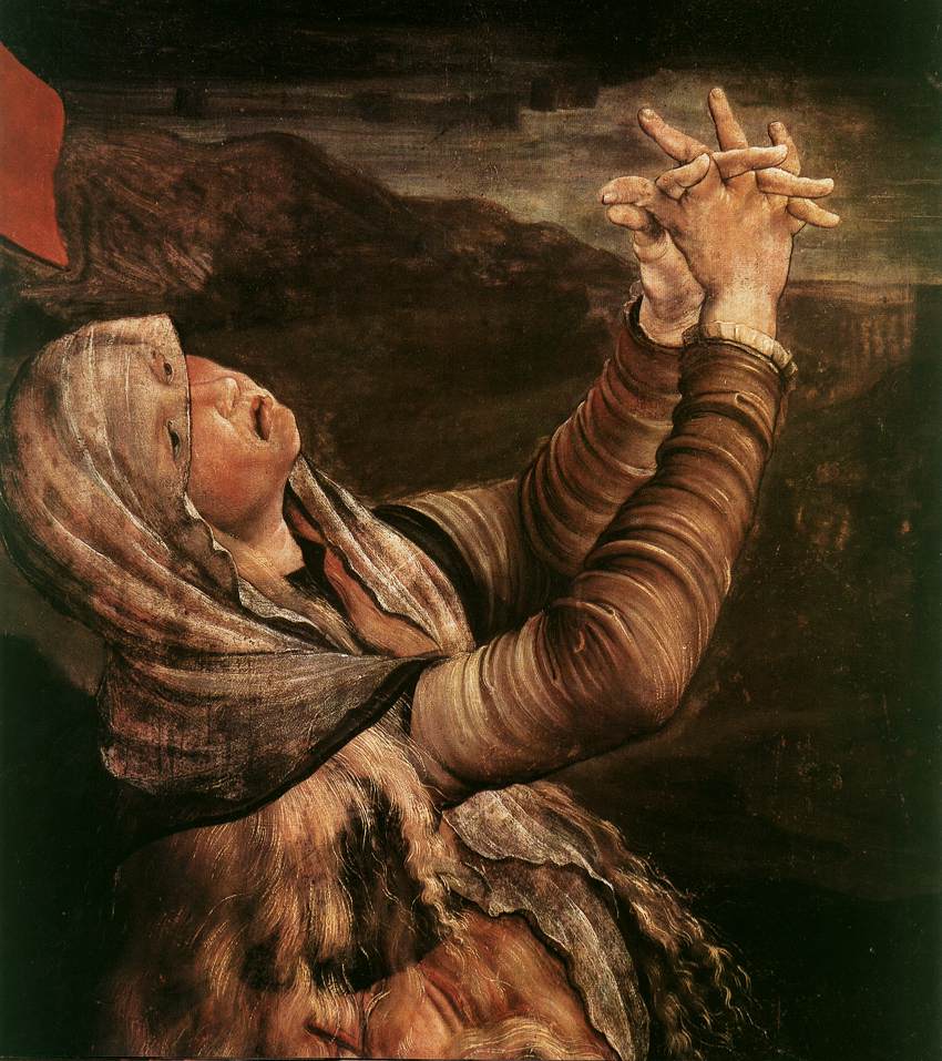 Maria Magdalena unter dem Kreuz, Detail aus dem Isenheimer Altar von Matthias Grünewald, um 1515, im Musée d'Unterlinden in Colmar