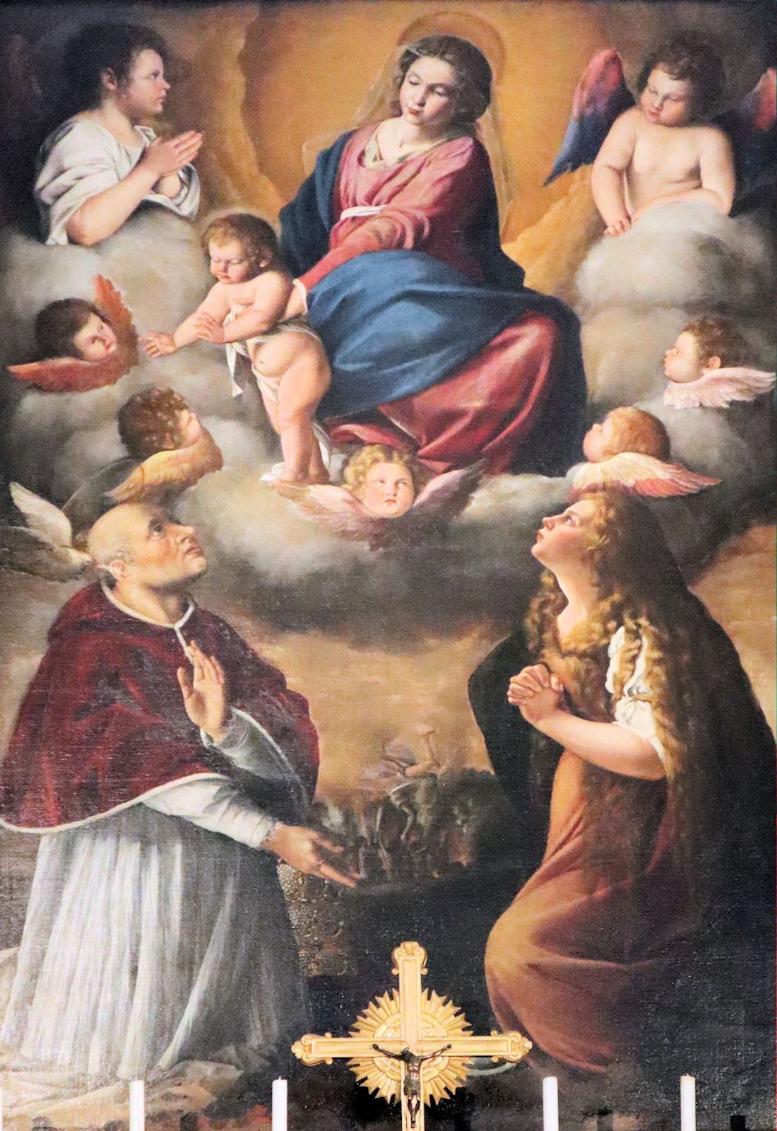 Orazio Lomi dè Gentileschi: Papst Gregor „der Große” und Maria Magdalena vor Maria, Altarbild, 17. Jahrhundert, in der Kathedrale in Ripatransone in den Marken