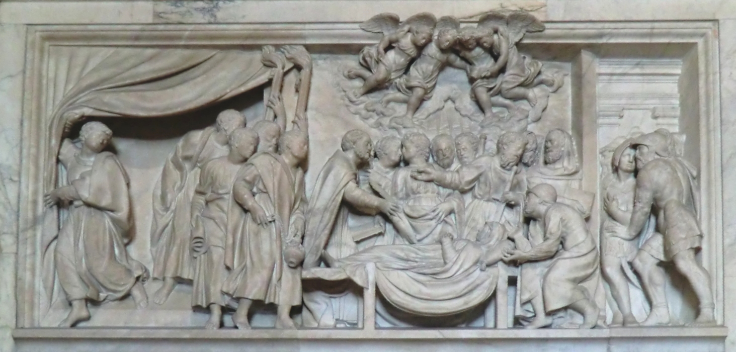 Marias Ableben, dargestellt auf der Marmorhülle des Marienhauses in Loreto