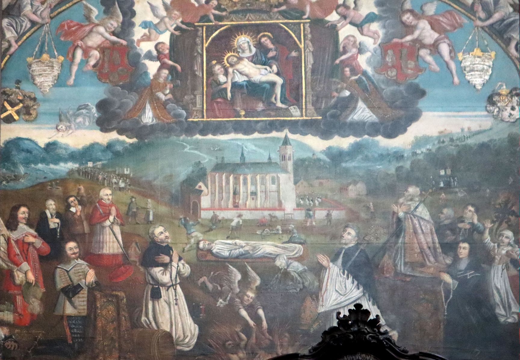 Eberhard (links unten) mit seinem Herrn, dem Ortherrn von Esch (ganz links), Kardinal Nikolaus von Kues< (darüber rechts) und anderen Wallfahrern, in der Wallfahrtskirche Klausen