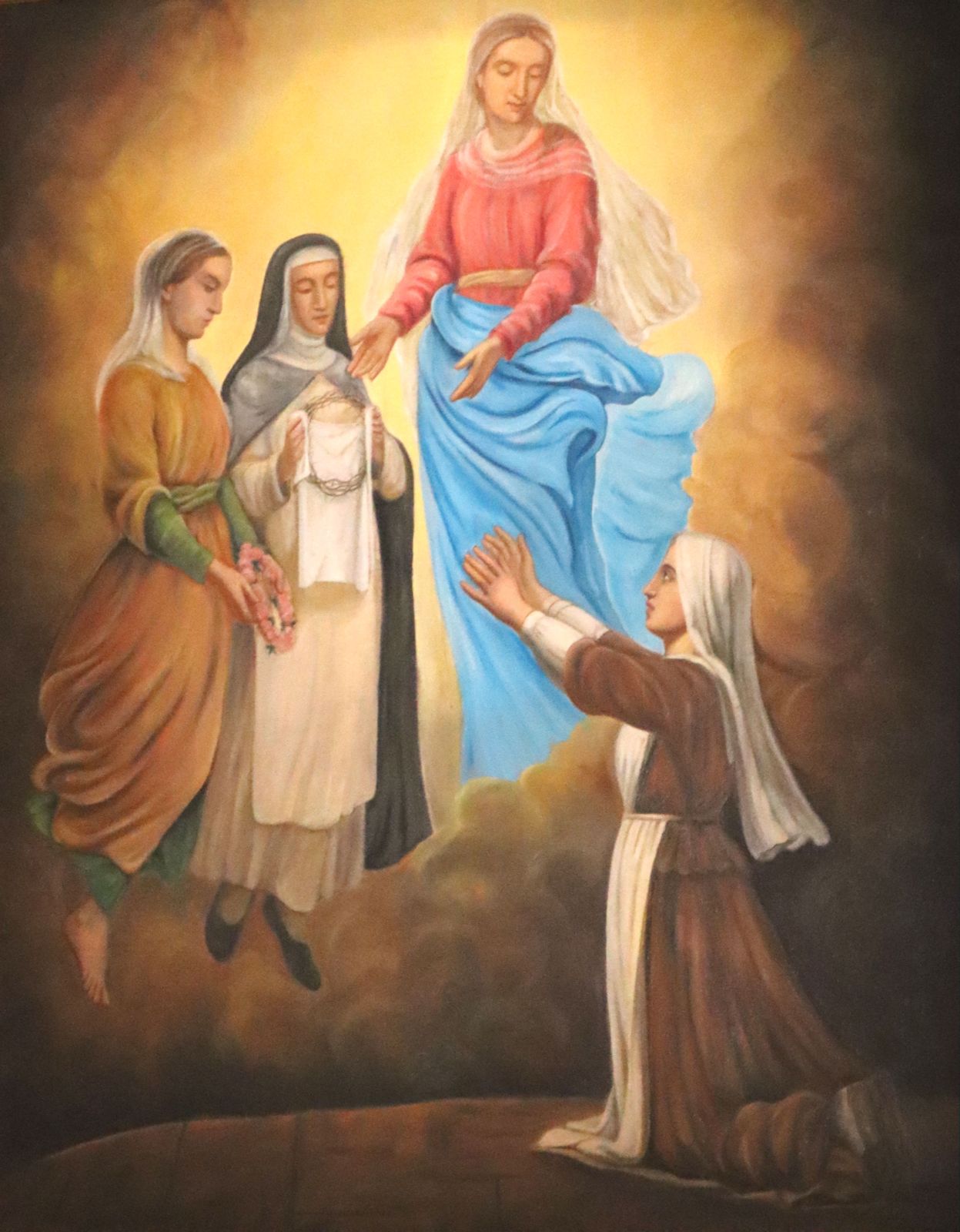 Maria erscheint 1678 Benoîte Rencurel in Begleitung von Barbara und Katharina von Siena, im Sanktuarium bei Saint-Étienne-le-Laus