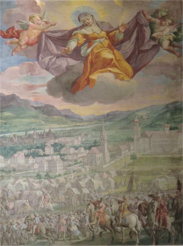 Kaspar Waldmann: Anna als Beschützerin des Chorherrenstifts Wilten (rechts) und der Stadt Innsbruck beim „bayerischen Rummel” von 1703, als die Bayern die Stadt besetzten, 1703, in der Annakapelle der Klosterkirche in Wilten