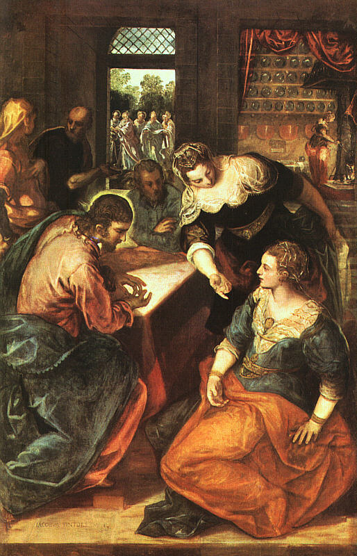 Tintoretto: Jesus im Haus von Martha (hinten) und Maria (vorn), 1570 - 75, in der Alten Pinakothek in München