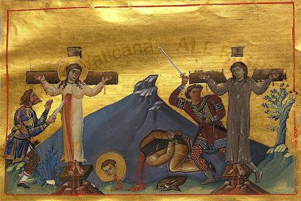 Miniatur: Das Martyrium von Martha und Maria sowie Lycarion, aus dem Menologium des Kaisers Basilius II., 10. Jahrhundert, in der Vatikanischen Bibliothek in Rom