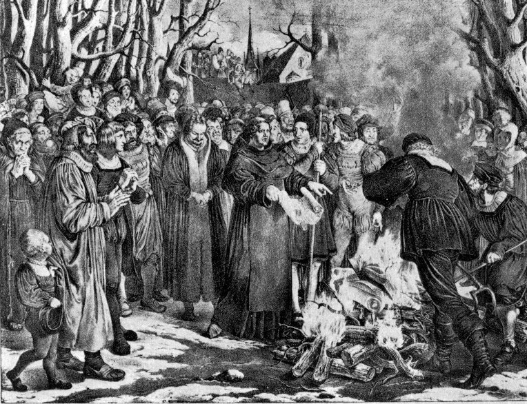Adolph Menzel: Luther verbrennt die päpstliche Bulle, Steindruck von 1827