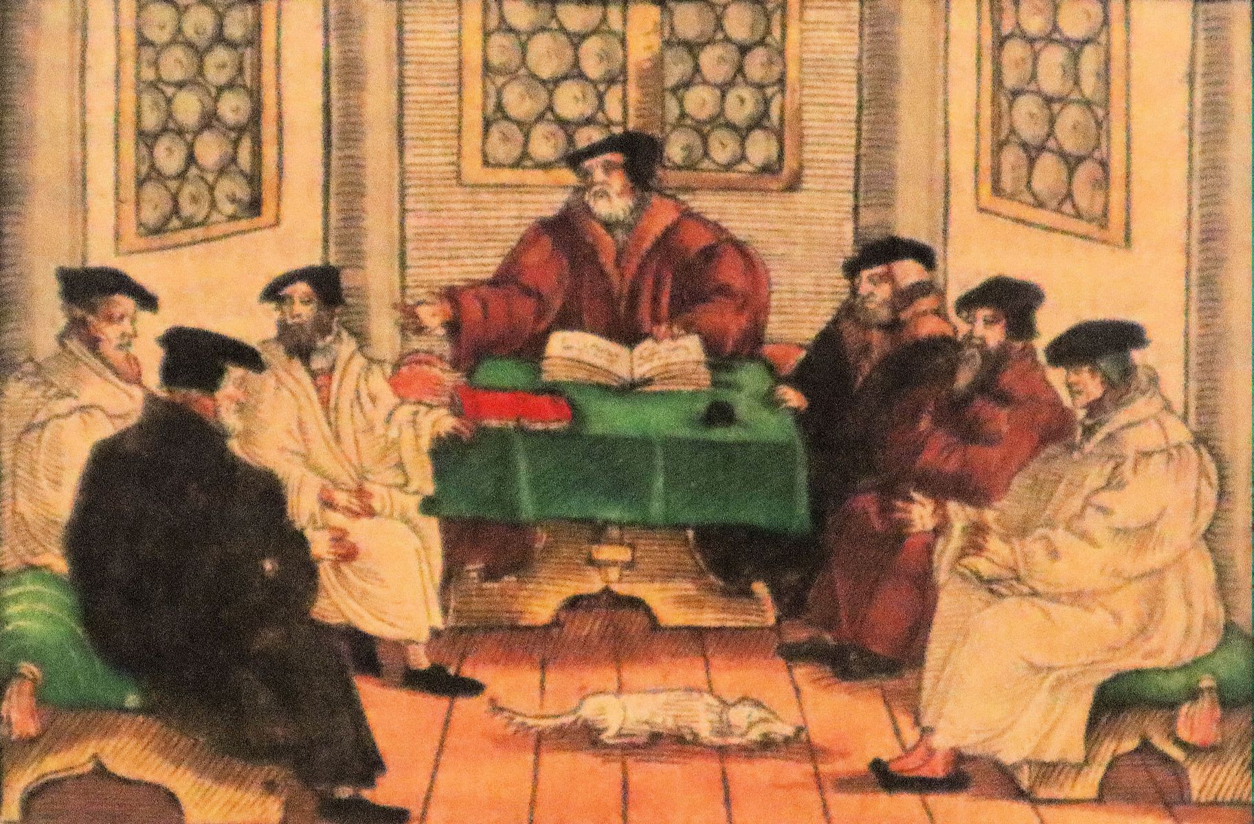 kolorierter Holzschnitt: Leipziger Disputation, 1556, im Lutherhaus in Wittenberg