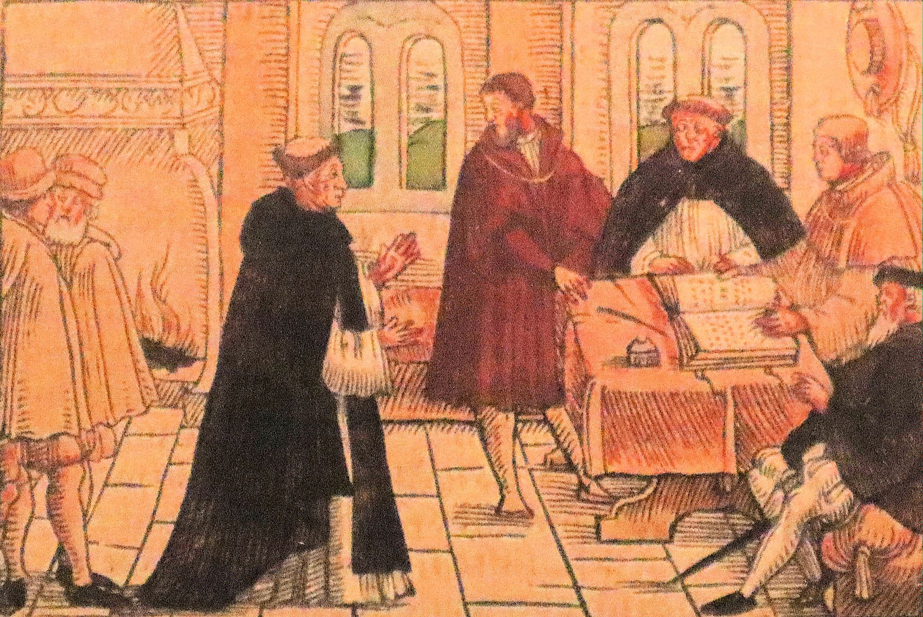 kolorierter Holzschnitt: Luther vor Cajetan, 1557, im Lutherhaus in Wittenberg