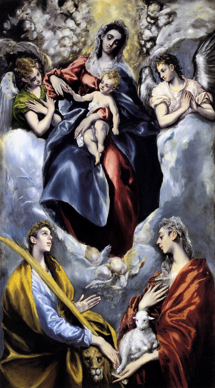 El Greco: Maria und das Jesuskind mit Martina (links) und Agnes von Rom (rechts), Altarstück aus Toledo, 1597/99, heute in der National Gallery of Art in Washington