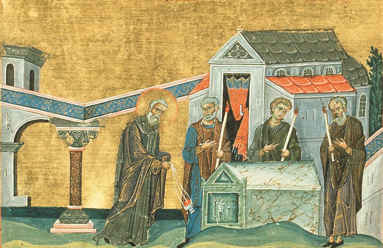 Buchmalerei, aus dem Menologium von Kaiser Basileios II., um 1000, in der Vatikanischen Bibliothek in Rom
