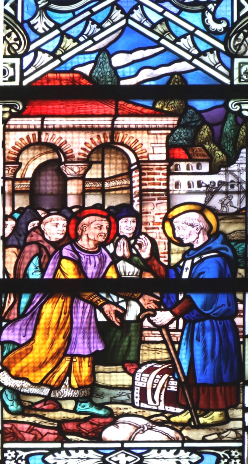 Glasfenster: Maurontus empfängt Amatus von Sitten (rechts), den ersten Abt seines neuen Klosters, in der Kirche Saint-Pierre in Merville