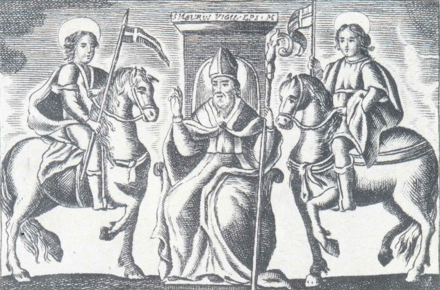 Kupferstich: Maurus (Mitte), Pantaleon (links) und Sergius (rechts), aus: Memorie de' Vescovi di Beseglia, Verlag Pompeo Sarnelli, Neapel 1693