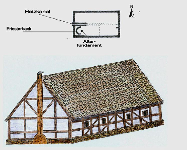 Rekonstruktionsversuch und Grundriss der Severinkirche
