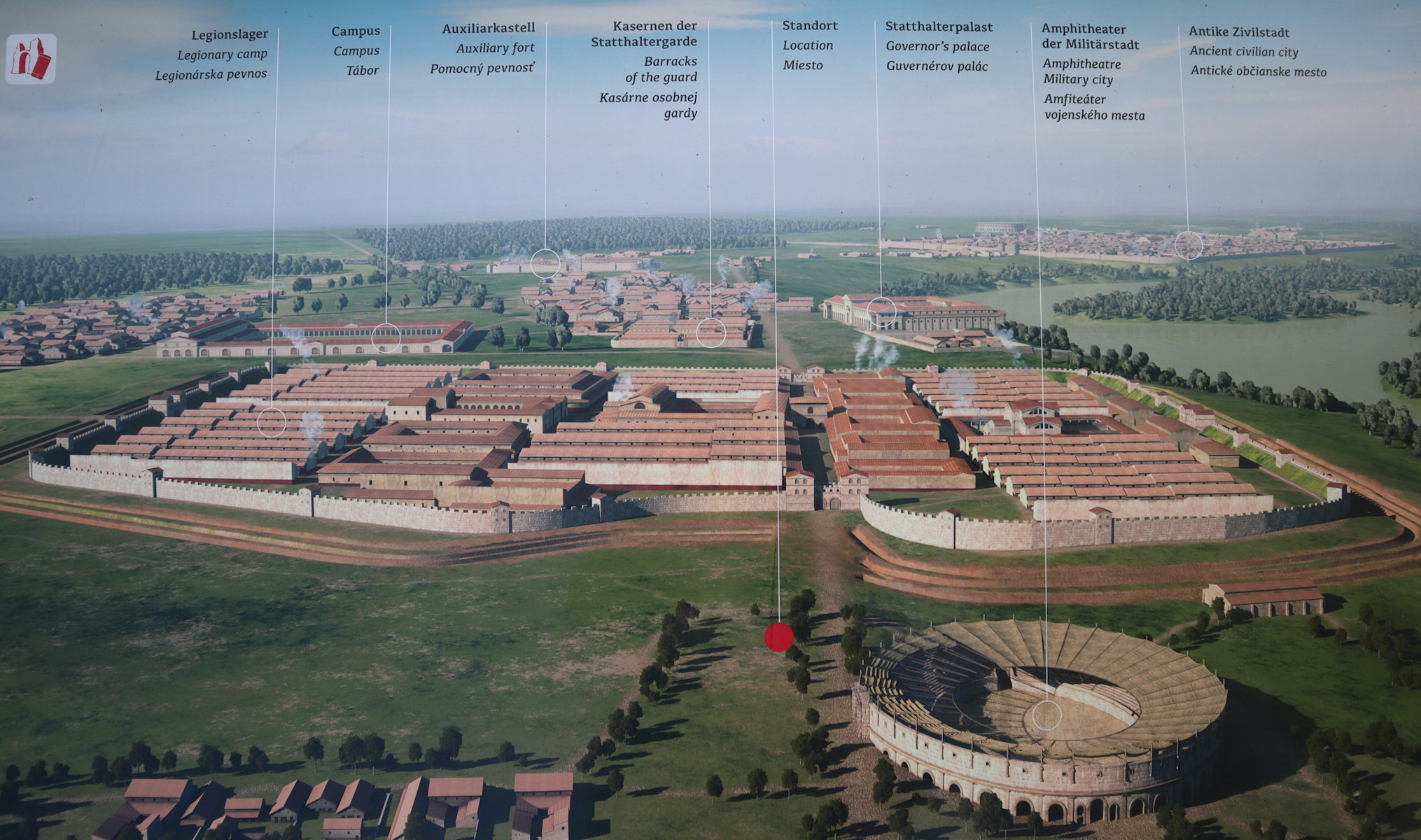 Rekonstruktionszeichnung von Carnuntum mit Blick von Osten, am Museum Römerstadt Carnuntum</a> in Petronell-Carnuntum