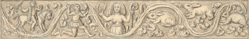 Relief: Äbtissin Melangell trifft Prinz Brochwel Ysgithrog, 1795, an Melangells Sarg in der ihr geweihten Kirche in Pennant Melangell