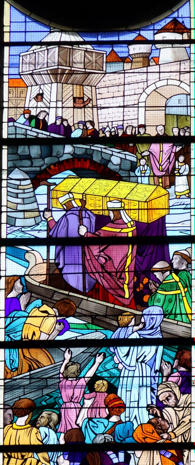 E. Rault: die Überführung des Leichnams von Maelanius nach Rennes, Glasfenster in der Kirche Notre-Dame-en-Saint-Melaine in Rennes