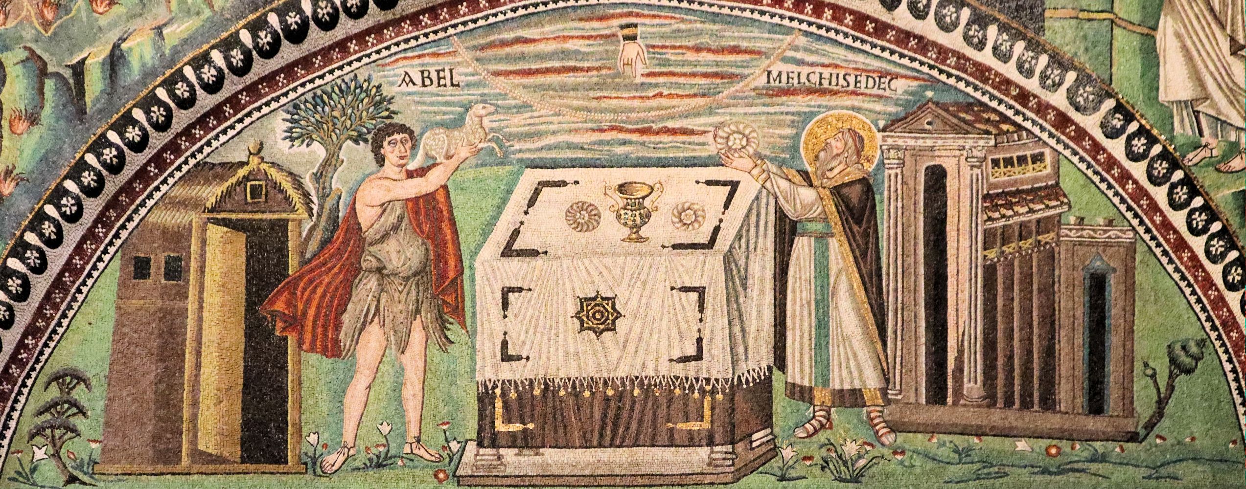 Mosaik: Melchisedek bereitet Brot und Wein - an der Stelle, an der der Abel, der „erste Märtyrer der Menschheitsgeschichte” geopfert wurde, 6. Jahrhundert, in der Kirche San Vitale in Ravenna