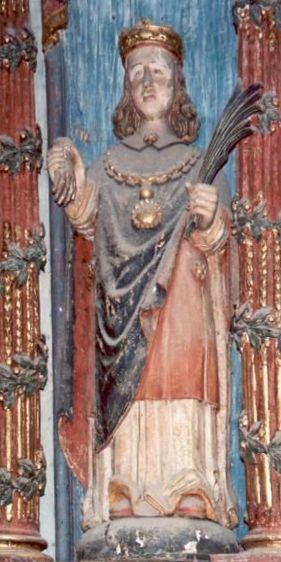 Statue am Altar der Meliavus geweihten Kirche in Locmélar