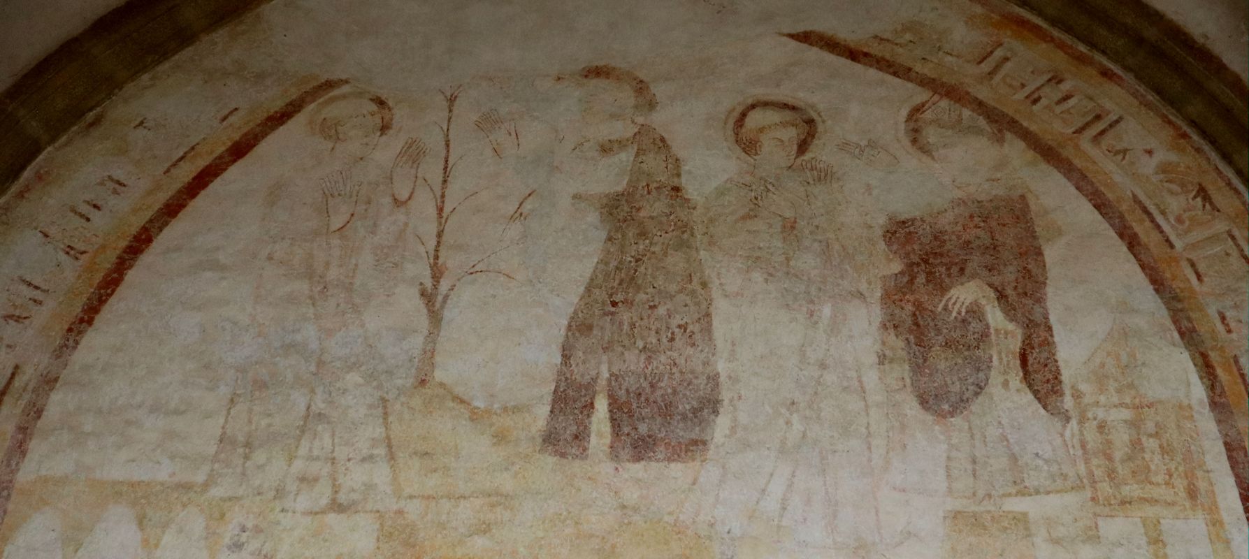 Wandmalerei: Mecvennus bei der Gründung seines Klosters, 13./14. Jahrhundert, in der Kirche des ehemaligen Klosters in Saint-Méen-le-Grand