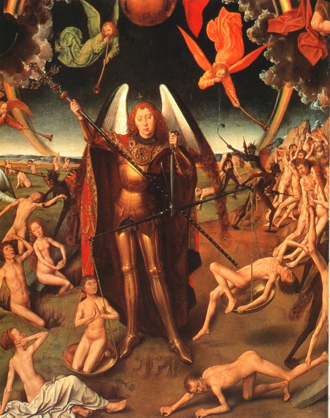 Hans Memling: Michael beim Jüngsten Gericht. Altarbild (Ausschnitt), 1467-71, im Muzeum Narodowe in Danzig / Gdansk