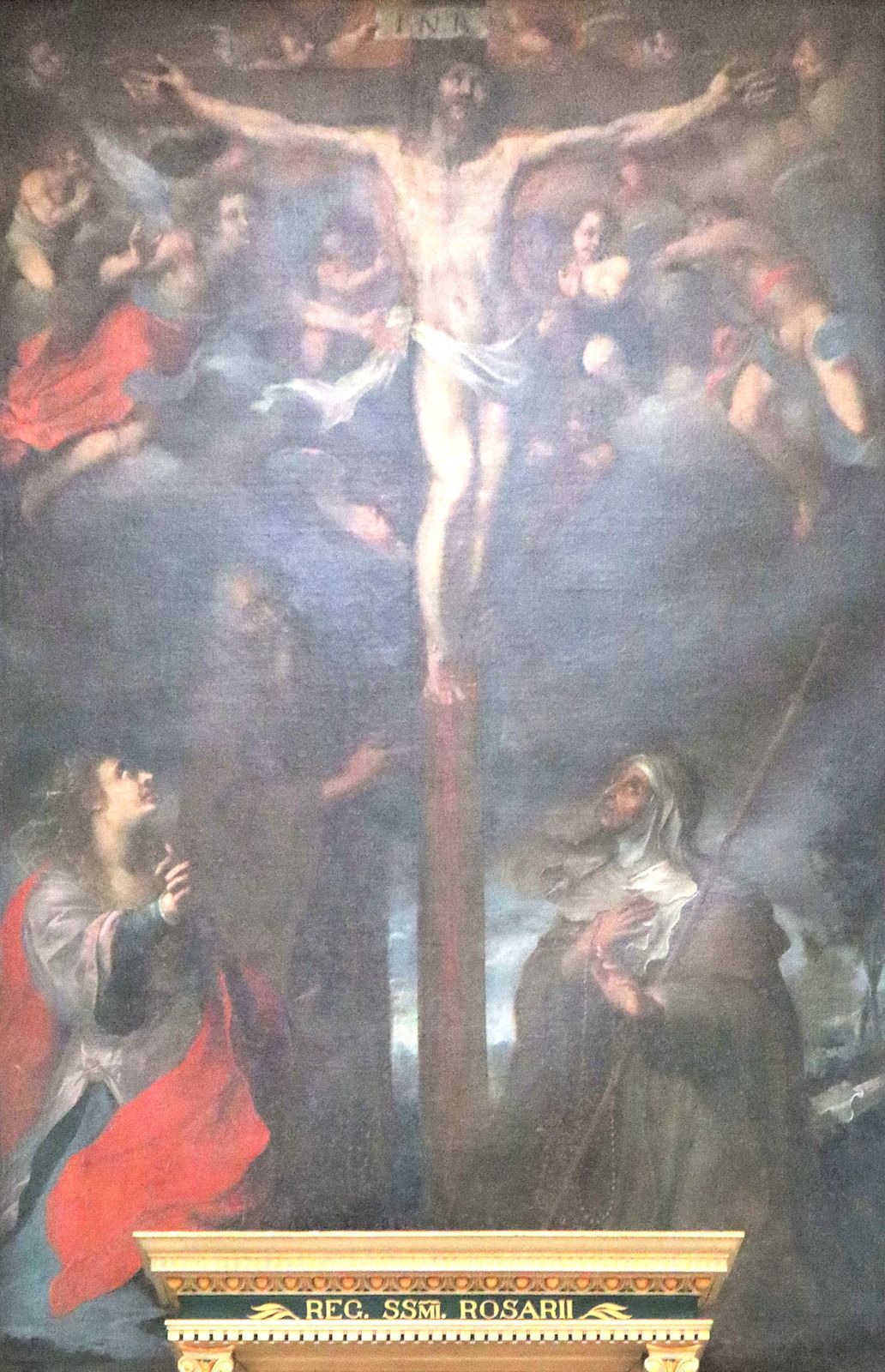 Giovan Giacomo Pandolfi: Michelina (rechts) und Cecco von Pesaro vor dem gekreuzigten Jesus, 1613, in der Kathedrale in Pesaro