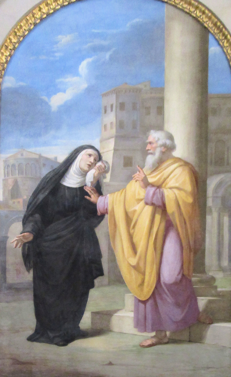 Pietro Gagliardi: Monika klagt Bischof Ambrosius ihr Leid über ihren Sohn, Fresko, um 1850, in der Kirche Sant'Agostino in Rom