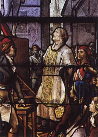 G. Léglise: Noël Pinot wird aufs Schafott geführt, Glasfenster, 1919, in der Kirche in Le Louroux-Béconnais