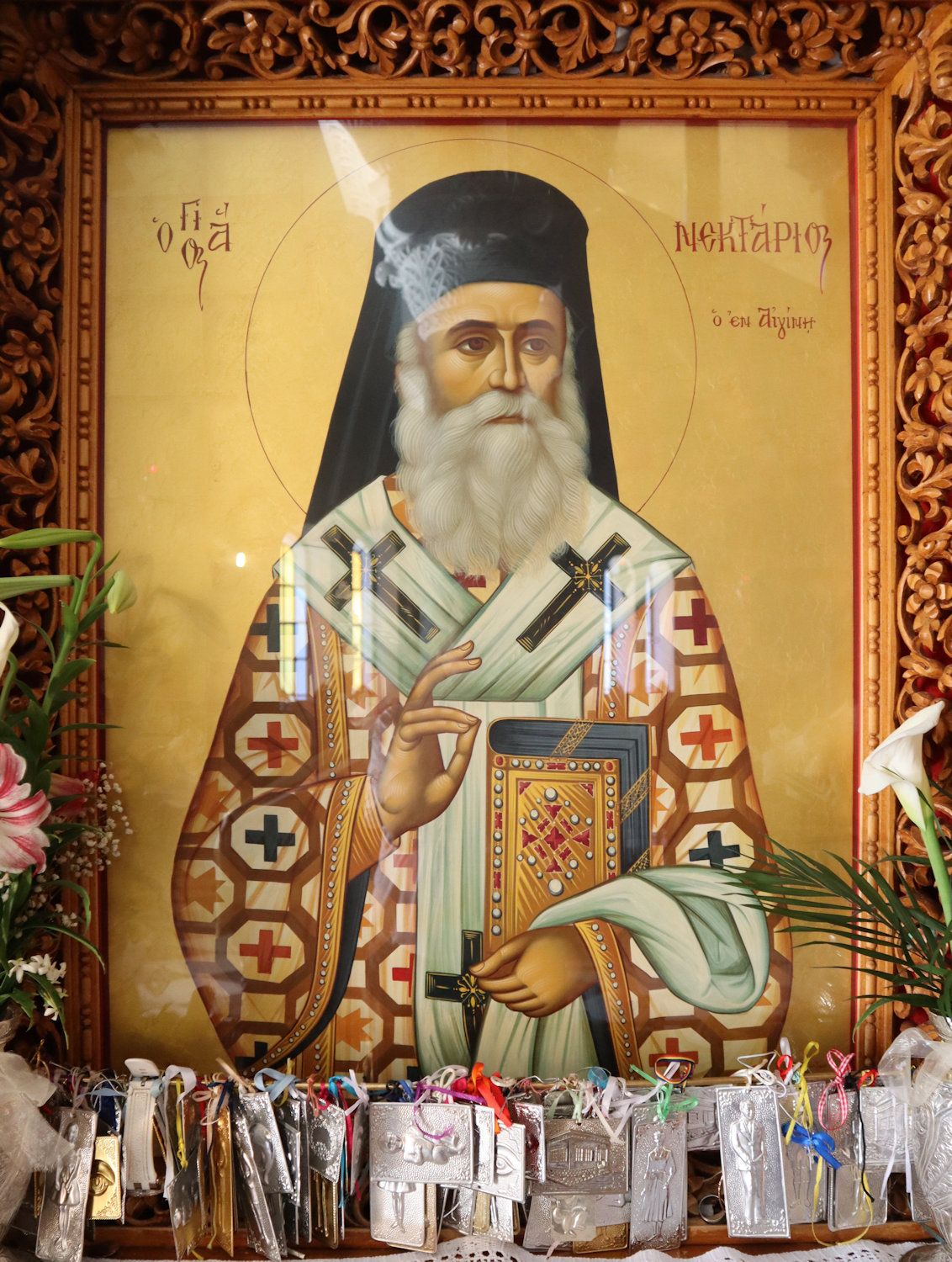 Ikone in der neuen, Nektarios geweihten Kirche bei seinem Kloster nahe Kontos auf Ägina