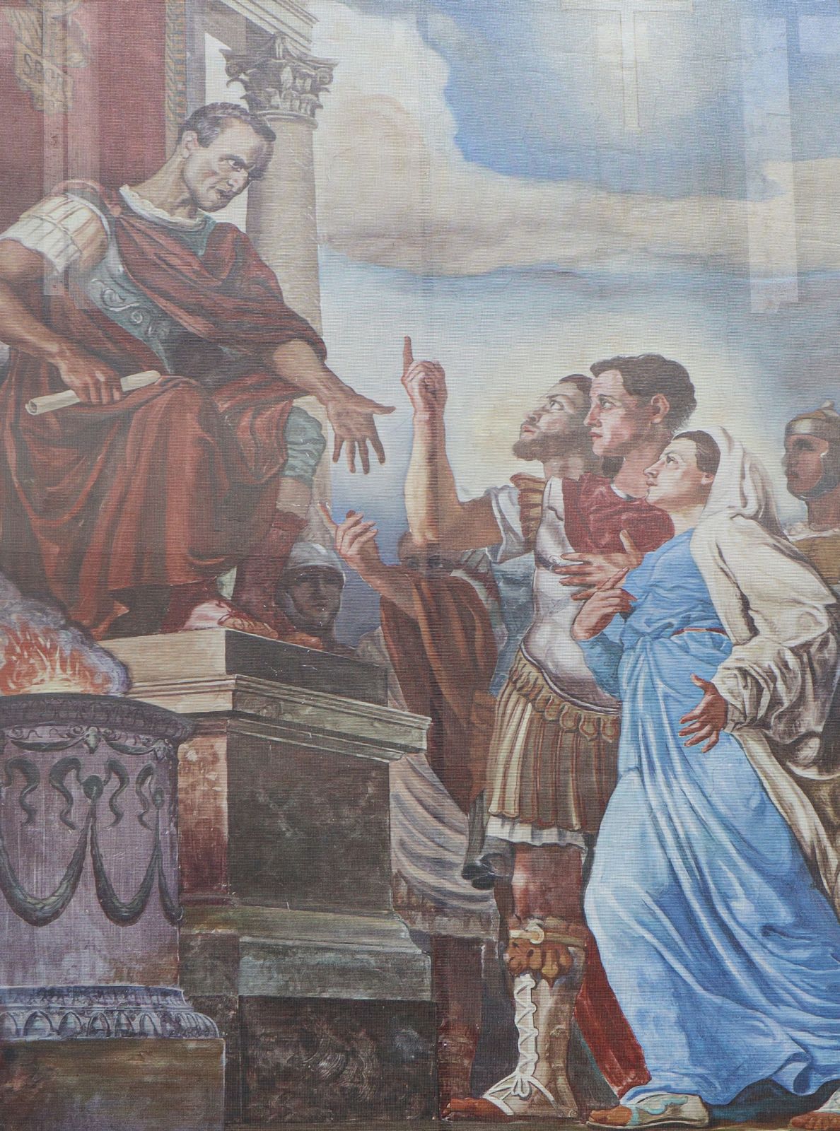Banner: Nicander, Marcian und Daria vor Kasiser Diokletian, an der Klosterkirche in Venafro