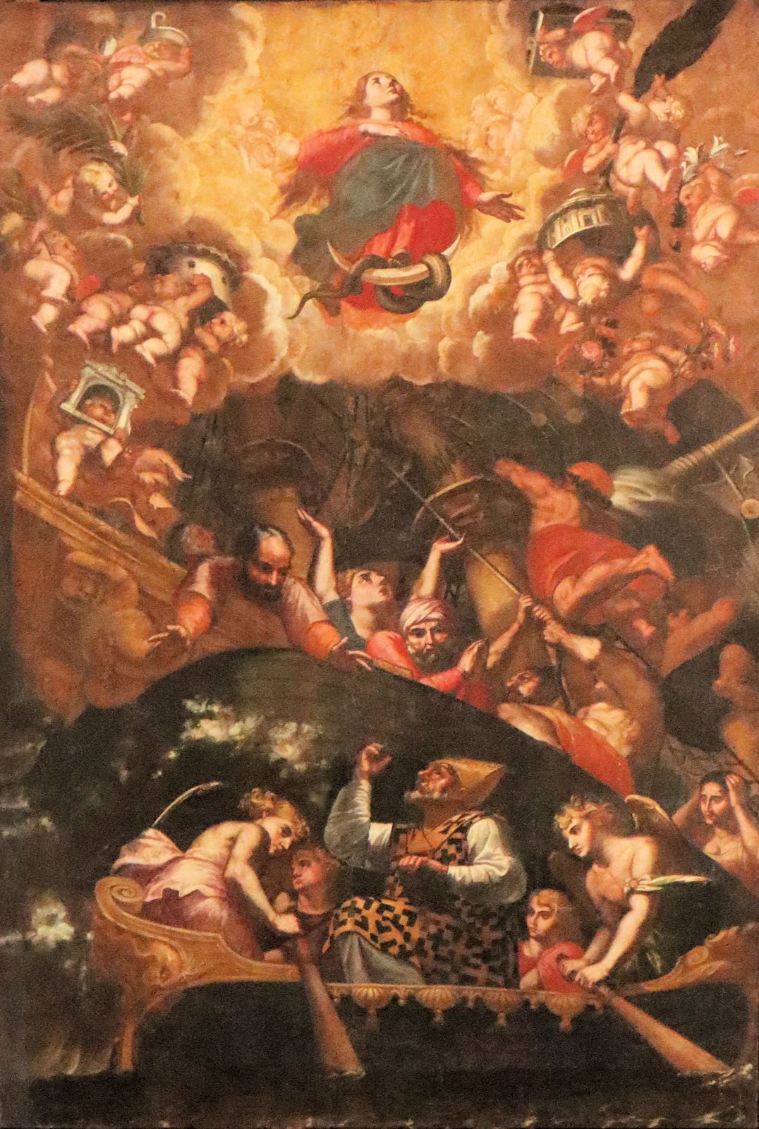 Carlo Rosa: Nikolaus rettet Fischer, die durch einen großen Wal gefährdet waren mit Hilfe von Maria, Deckengemälde, Deckengemälde, um 1658, in der Nikolaus-Basilika in Bari