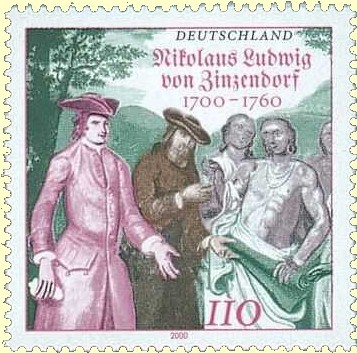 Deutsche Briefmarke zum 300. Geburtstag: Zinzendorf und sein Begleiter Konrad Weißler bei einem Zusammentreffen mit Irokesen-Häuptlingen in Amerika im Jahr 1742, 2000