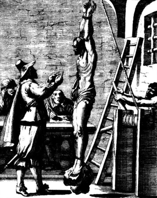 Melchior Kusell: Nikolaus Owen bei der Folter im Tower von London, aus: Mathias Tanner: Societas Jesu ad sanguinis et vitae profusionem militans, 1675