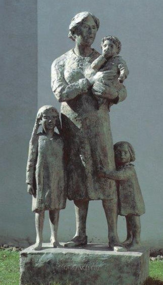 Rolf Brem: Nikolaus' Frau Dorothea mit drei Kindern bei seinem Abschied, 1991, hinter dem Turm der Kirche in Sachseln