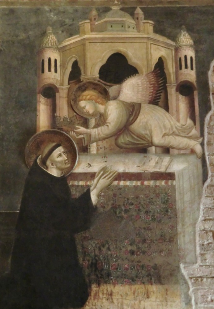 Pietro da Rimini und Schüler: Ein Engel krönt Nikolaus, Fresko, um 1318, in der Großen Kapelle der Basilica di San Nicola in Tolentino
