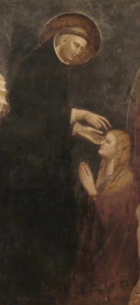 Pietro da Rimini und Schüler: Nikolaus heilt die blinde Anfelicia Adambi aus Tolentino, Fresko, um 1318, in der Großen Kapelle der Basilica di San Nicola in Tolentino