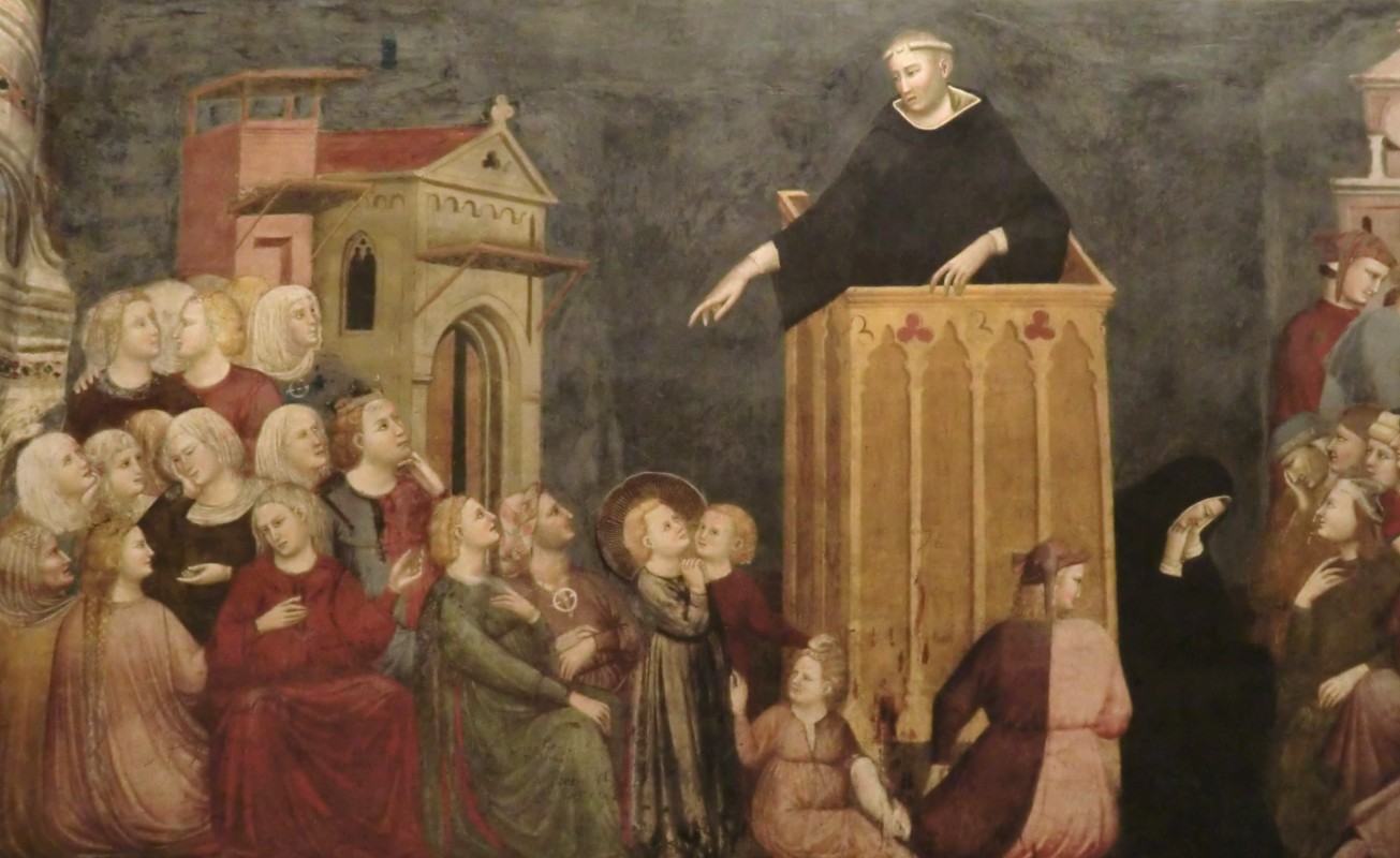 Pietro da Rimini und Schüler: Nikolaus predigt, Fresko, um 1318, in der Großen Kapelle der Basilica di San Nicola in Tolentino