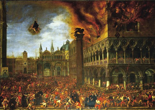 Matteo Storn: Feuer im Dogenpalast in Venedig, 1679, in der Basilica di San Nicola in Tolentino