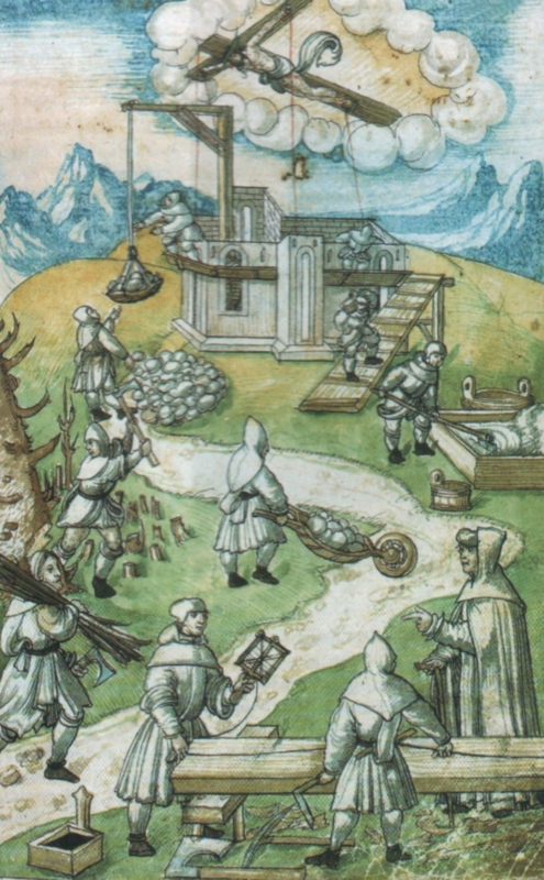 kolorierte Buchmalerei aus dem Weissenauer Kodex: Norbert und seine Anhänger beim Bau der Klosterkirche Prémontré, um 1530, im Fürstlichen Archiv im Schloss Zeil bei Leutkirch im Allgäu